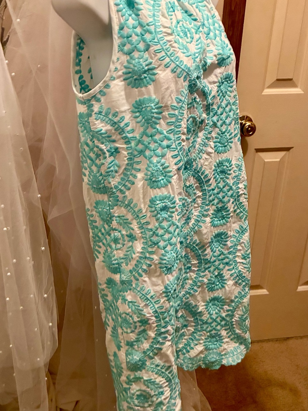 Women's Sleeveless Embroidered Shift Dress - White & Aqua - Picture 3 of 5